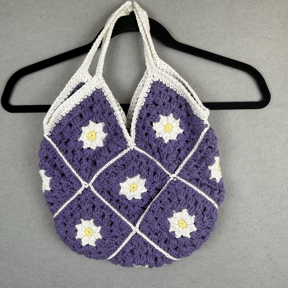 Crochet Top Handle Bag Handmade Granny Square Medium Tote Purse Purple Flower